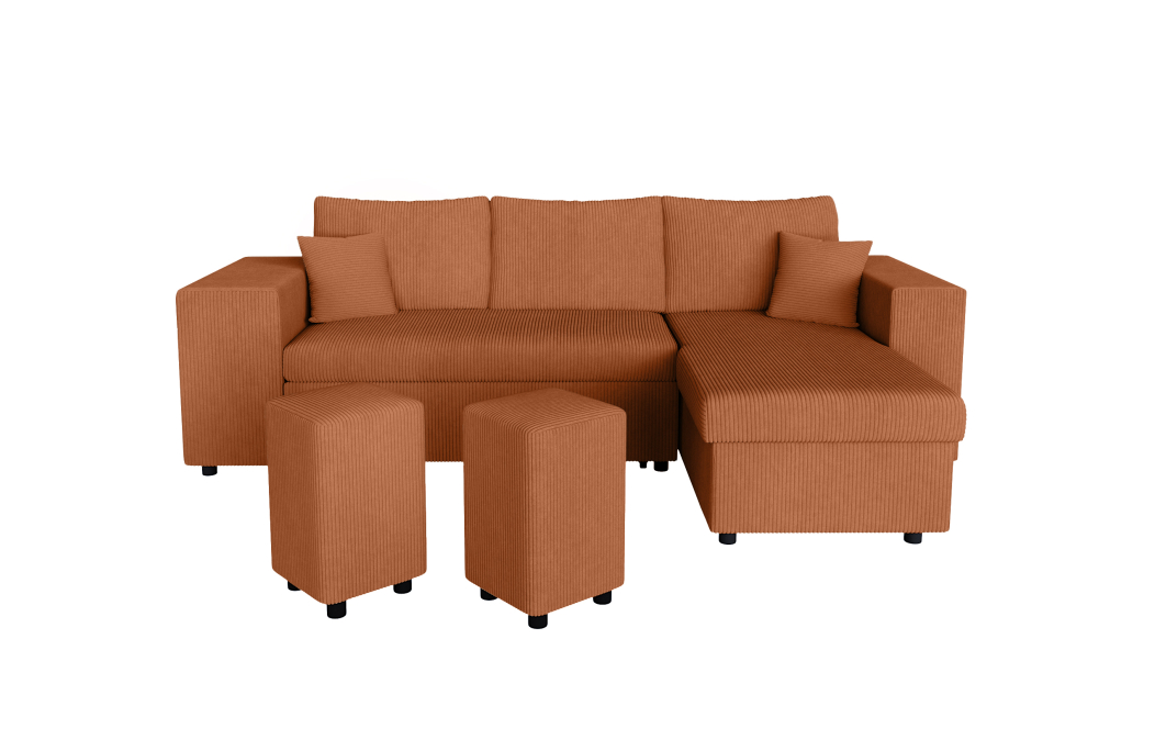 Canapé d'angle MADY convertible avec coffre, 2 poufs et étagère en velours côtelé
