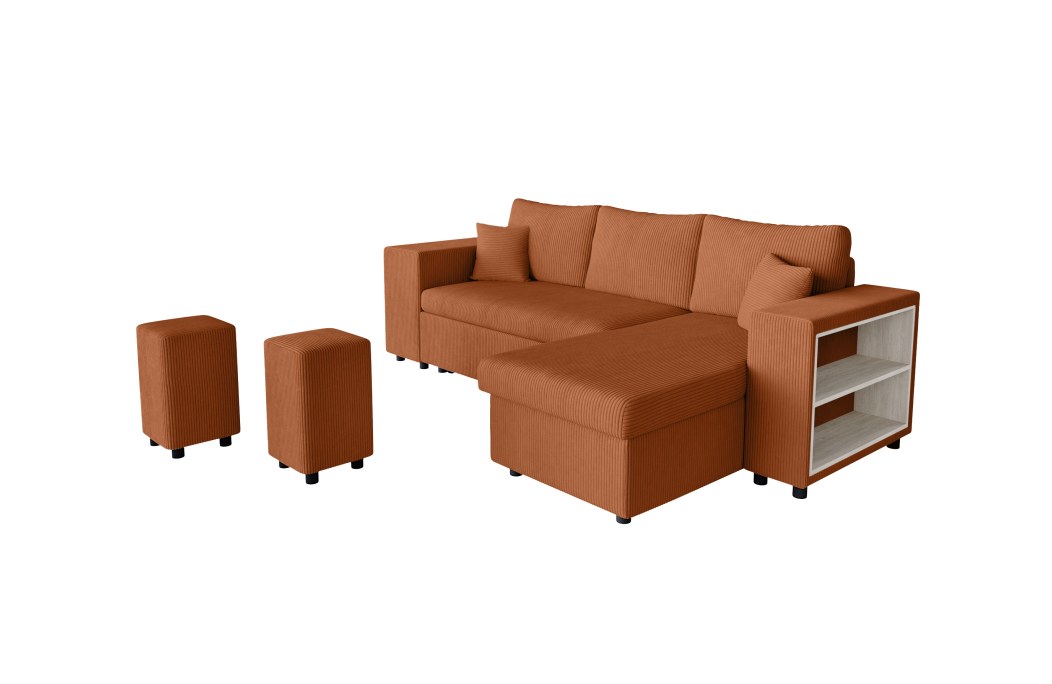 Canapé d'angle MADY convertible avec coffre, 2 poufs et étagère en velours côtelé