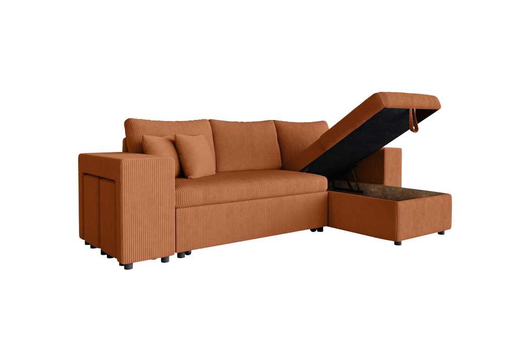 Canapé d'angle MADY convertible avec coffre, 2 poufs et étagère en velours côtelé