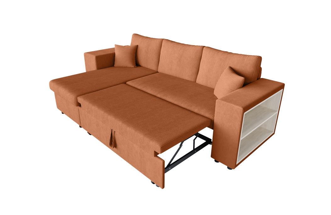 Canapé d'angle MADY convertible avec coffre, 2 poufs et étagère en velours côtelé
