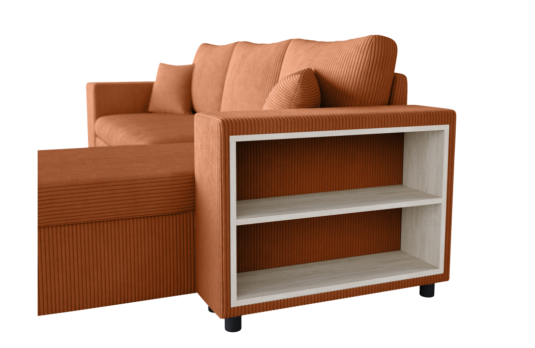 Canapé d'angle MADY convertible avec coffre, 2 poufs et étagère en velours côtelé