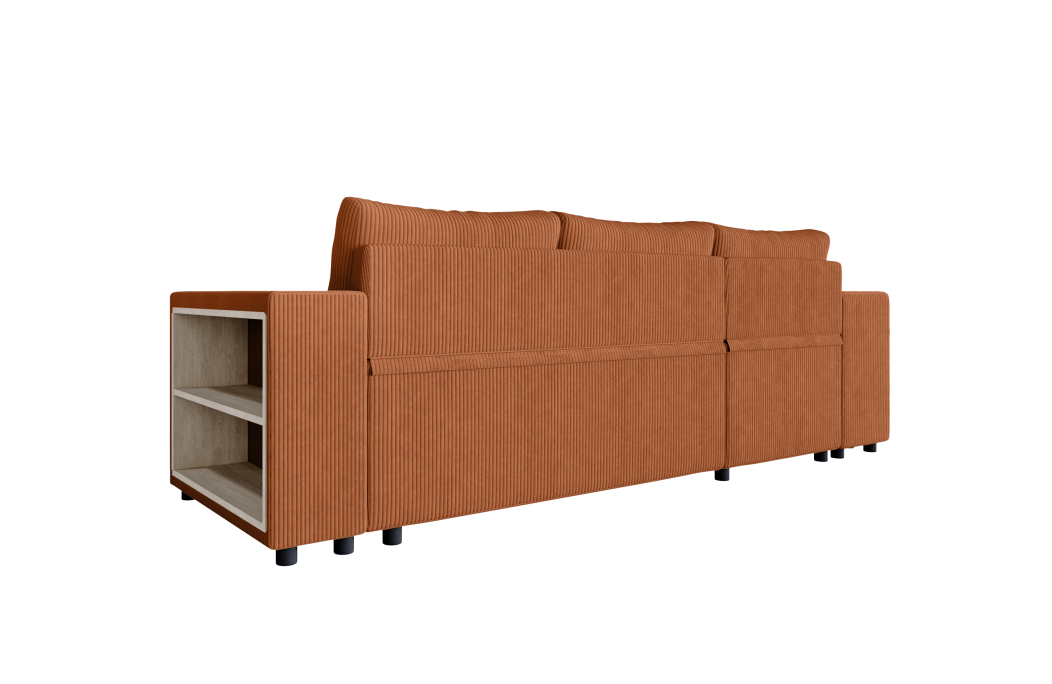 Canapé d'angle MADY convertible avec coffre, 2 poufs et étagère en velours côtelé