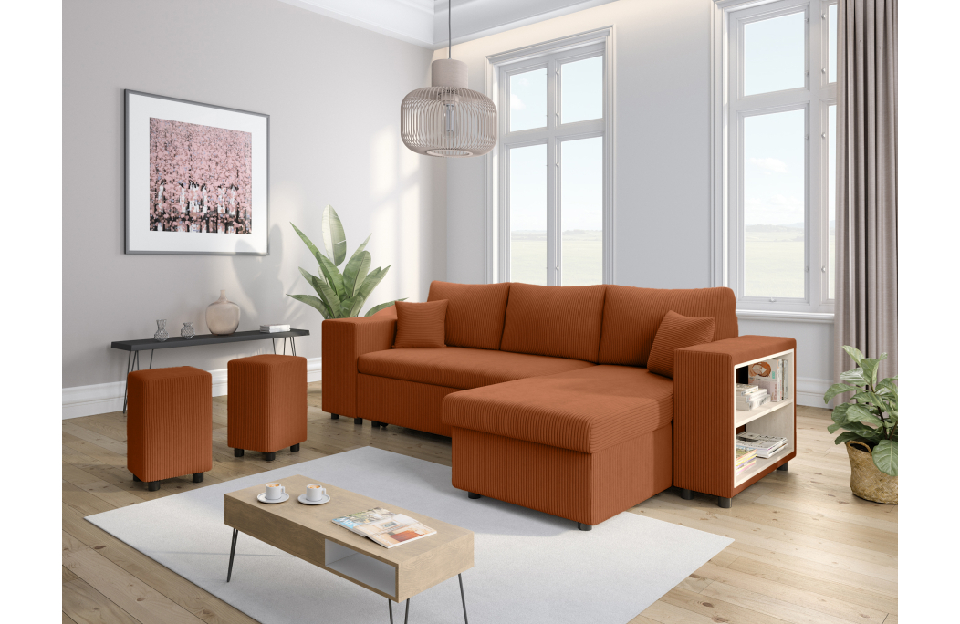 Canapé d'angle MADY convertible avec coffre, 2 poufs et étagère en velours côtelé