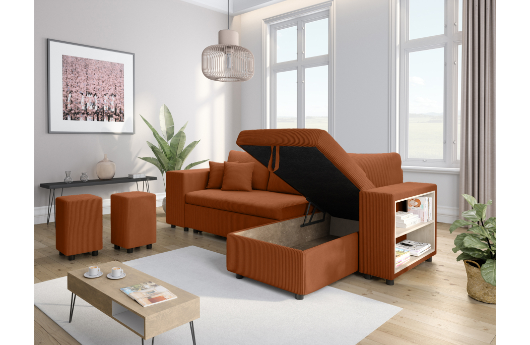 Canapé d'angle MADY convertible avec coffre, 2 poufs et étagère en velours côtelé