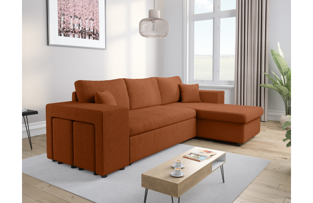 Canapé d'angle MADY convertible avec coffre, 2 poufs et étagère en velours côtelé