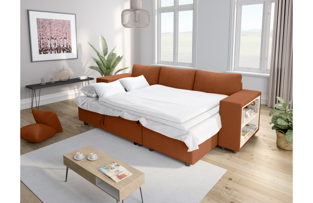 Canapé d'angle MADY convertible avec coffre, 2 poufs et étagère en velours côtelé