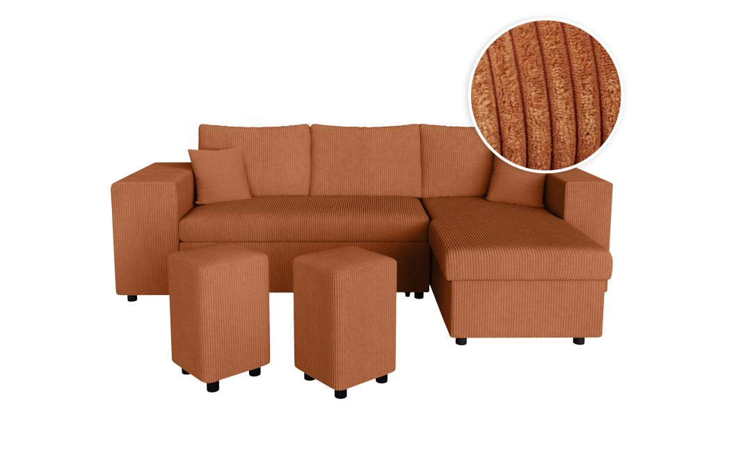Canapé d'angle MADY convertible avec coffre, 2 poufs et étagère en velours côtelé