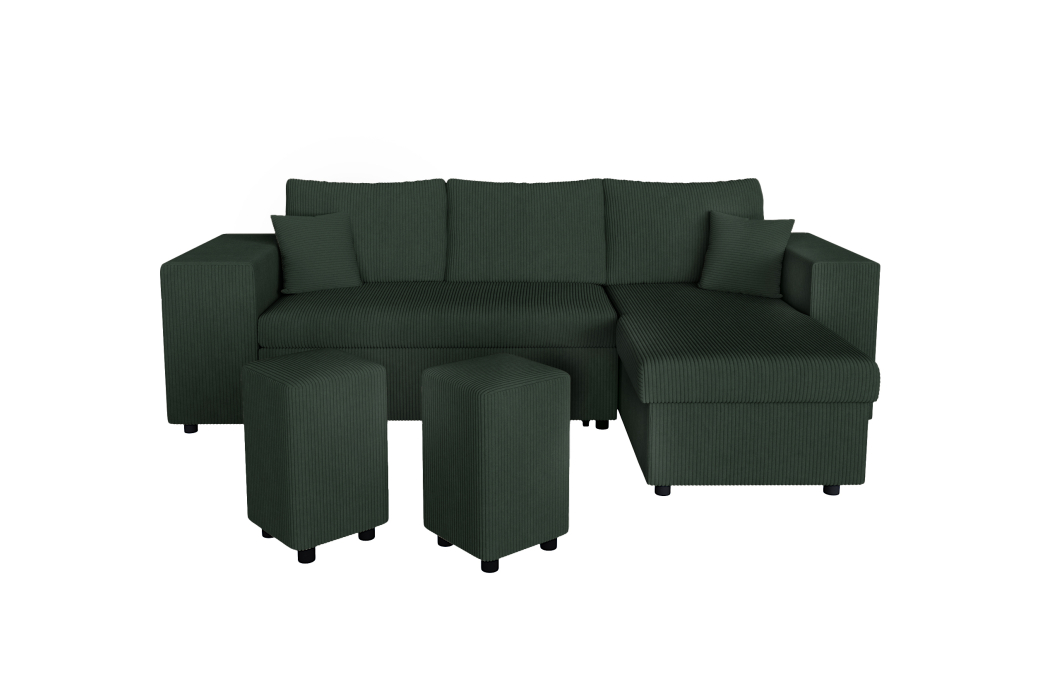 Canapé d'angle MADY convertible avec coffre, 2 poufs et étagère en velours côtelé