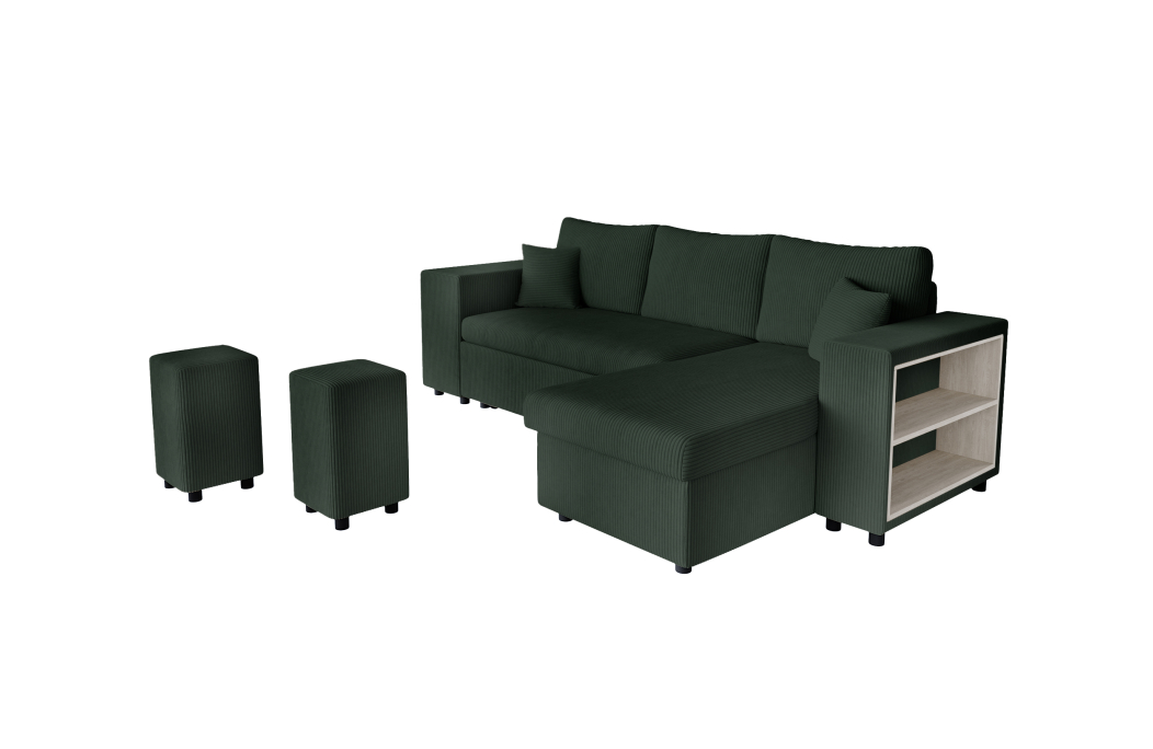 Canapé d'angle MADY convertible avec coffre, 2 poufs et étagère en velours côtelé