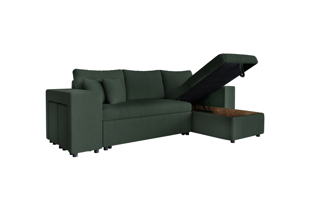 Canapé d'angle MADY convertible avec coffre, 2 poufs et étagère en velours côtelé