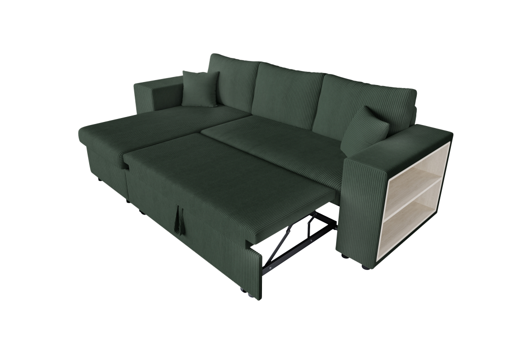 Canapé d'angle MADY convertible avec coffre, 2 poufs et étagère en velours côtelé