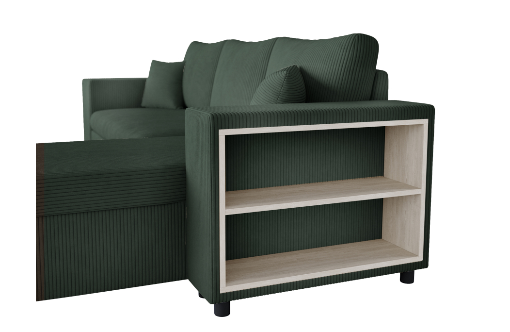 Canapé d'angle MADY convertible avec coffre, 2 poufs et étagère en velours côtelé