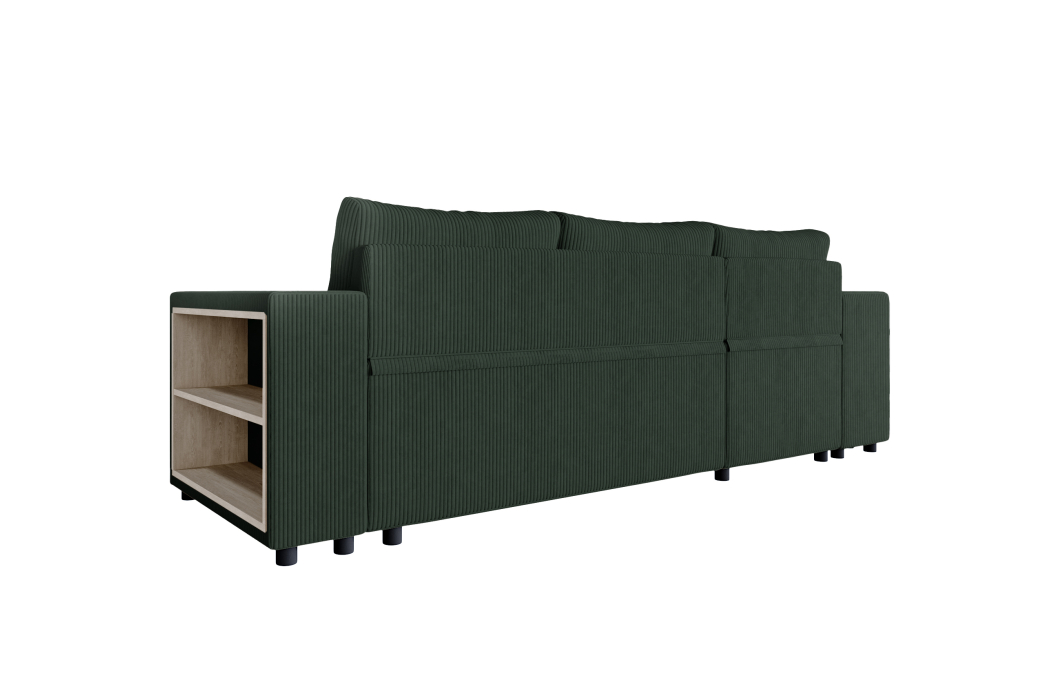 Canapé d'angle MADY convertible avec coffre, 2 poufs et étagère en velours côtelé