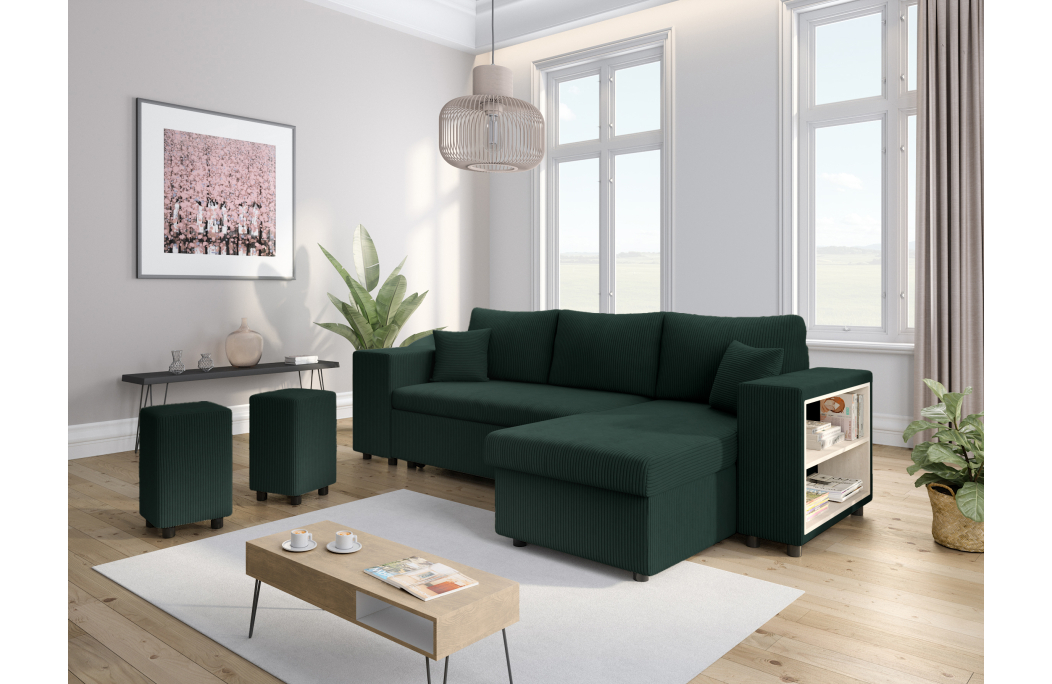 Canapé d'angle MADY convertible avec coffre, 2 poufs et étagère en velours côtelé