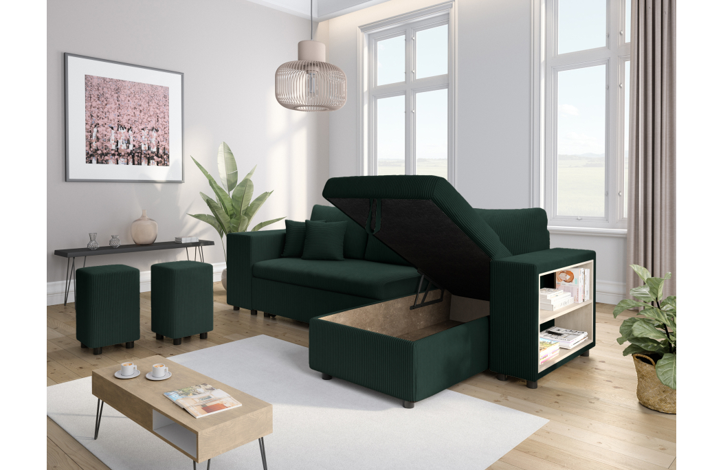 Canapé d'angle MADY convertible avec coffre, 2 poufs et étagère en velours côtelé
