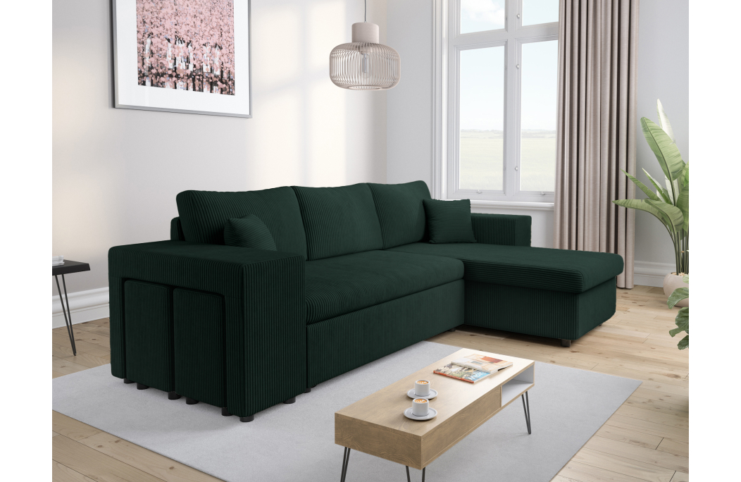 Canapé d'angle MADY convertible avec coffre, 2 poufs et étagère en velours côtelé