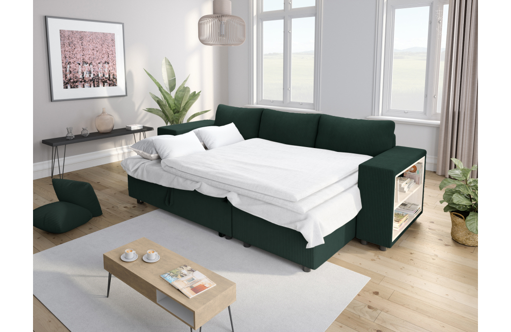 Canapé d'angle MADY convertible avec coffre, 2 poufs et étagère en velours côtelé