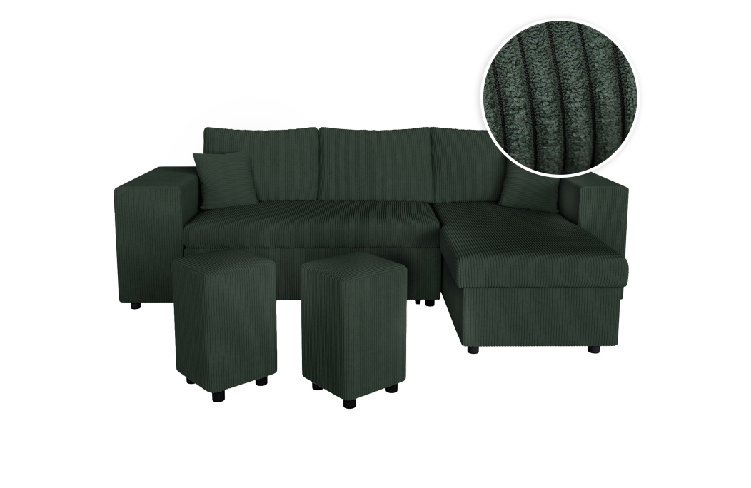 Canapé d'angle MADY convertible avec coffre, 2 poufs et étagère en velours côtelé