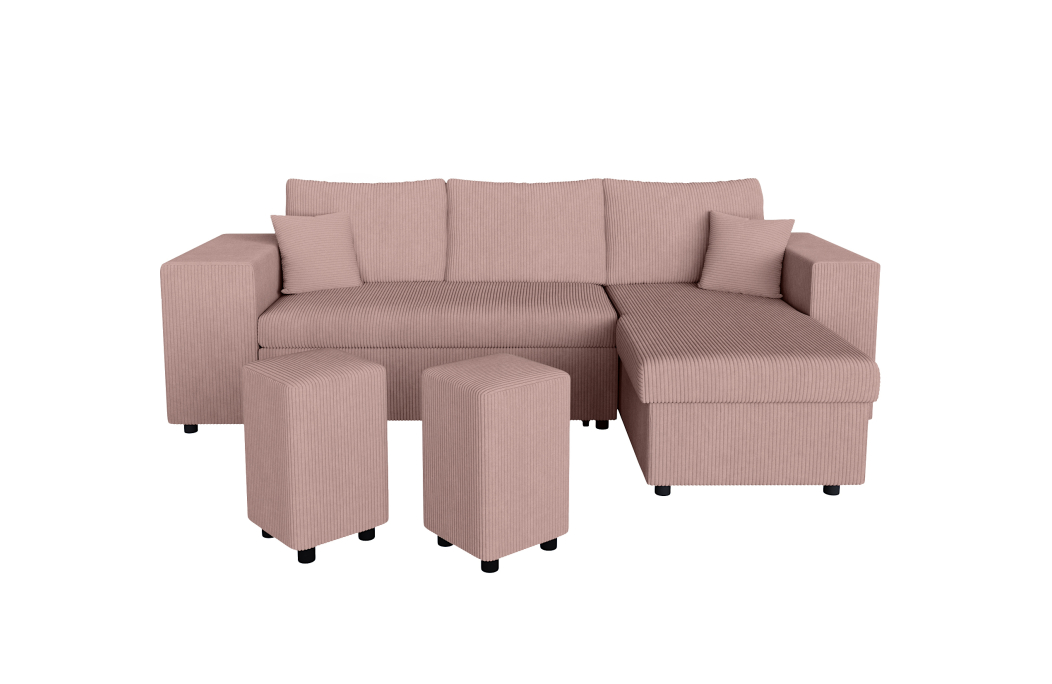 Canapé d'angle MADY convertible avec coffre, 2 poufs et étagère en velours côtelé