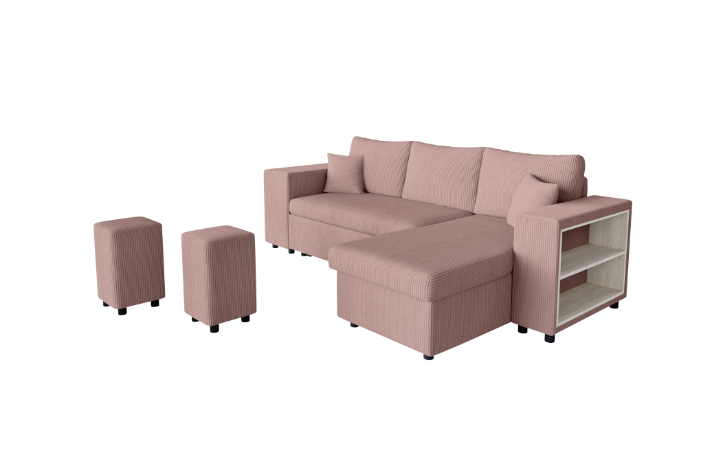 Canapé d'angle MADY convertible avec coffre, 2 poufs et étagère en velours côtelé