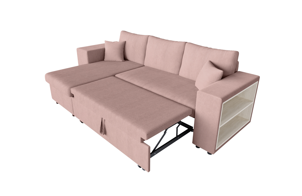 Canapé d'angle MADY convertible avec coffre, 2 poufs et étagère en velours côtelé