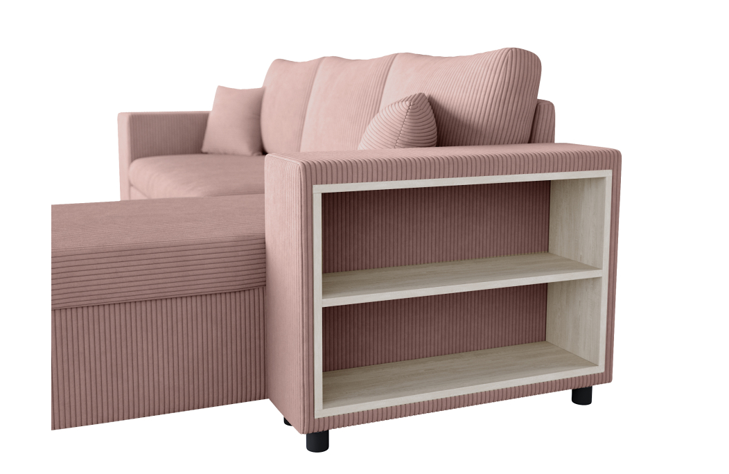 Canapé d'angle MADY convertible avec coffre, 2 poufs et étagère en velours côtelé