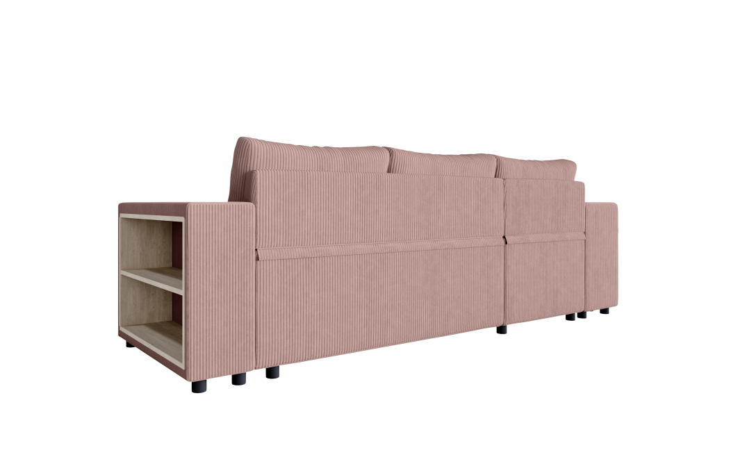 Canapé d'angle MADY convertible avec coffre, 2 poufs et étagère en velours côtelé