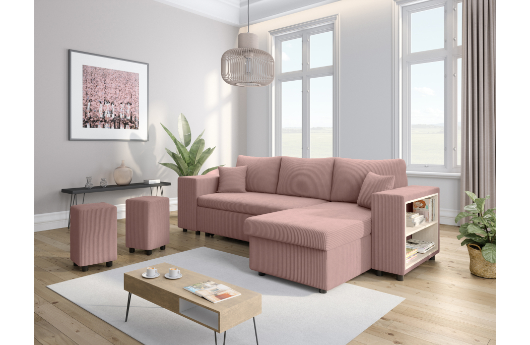Canapé d'angle MADY convertible avec coffre, 2 poufs et étagère en velours côtelé