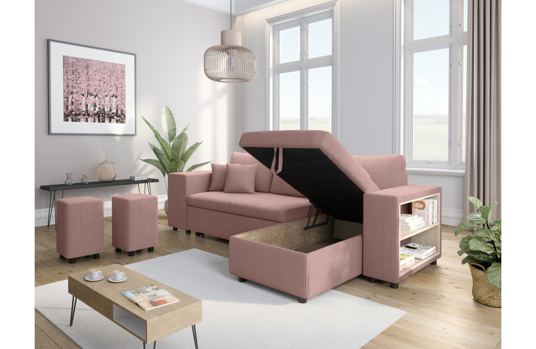 Canapé d'angle MADY convertible avec coffre, 2 poufs et étagère en velours côtelé