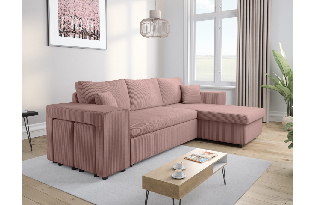 Canapé d'angle MADY convertible avec coffre, 2 poufs et étagère en velours côtelé