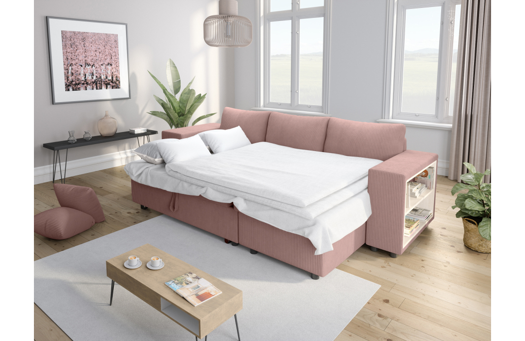 Canapé d'angle MADY convertible avec coffre, 2 poufs et étagère en velours côtelé