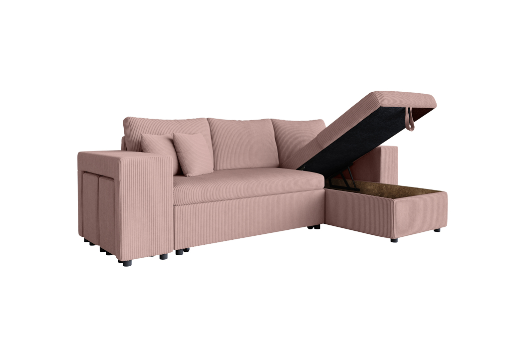 Canapé d'angle MADY convertible avec coffre, 2 poufs et étagère en velours côtelé