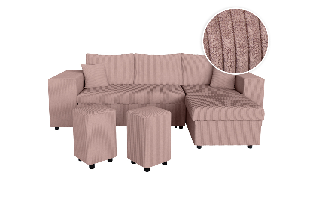 Canapé d'angle MADY convertible avec coffre, 2 poufs et étagère en velours côtelé