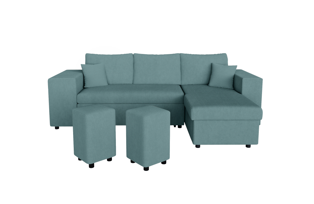 Canapé d'angle MADY convertible avec coffre, 2 poufs et étagère en velours côtelé