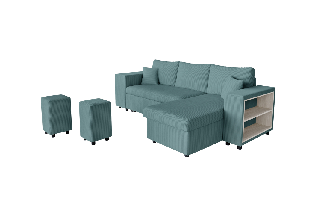 Canapé d'angle MADY convertible avec coffre, 2 poufs et étagère en velours côtelé