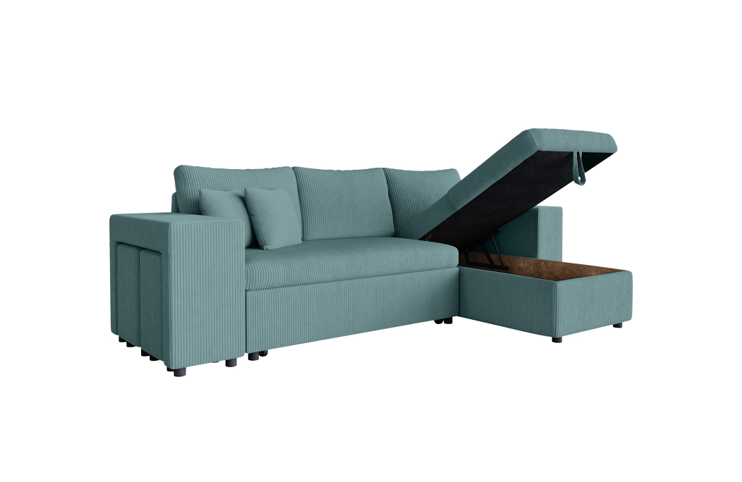 Canapé d'angle MADY convertible avec coffre, 2 poufs et étagère en velours côtelé