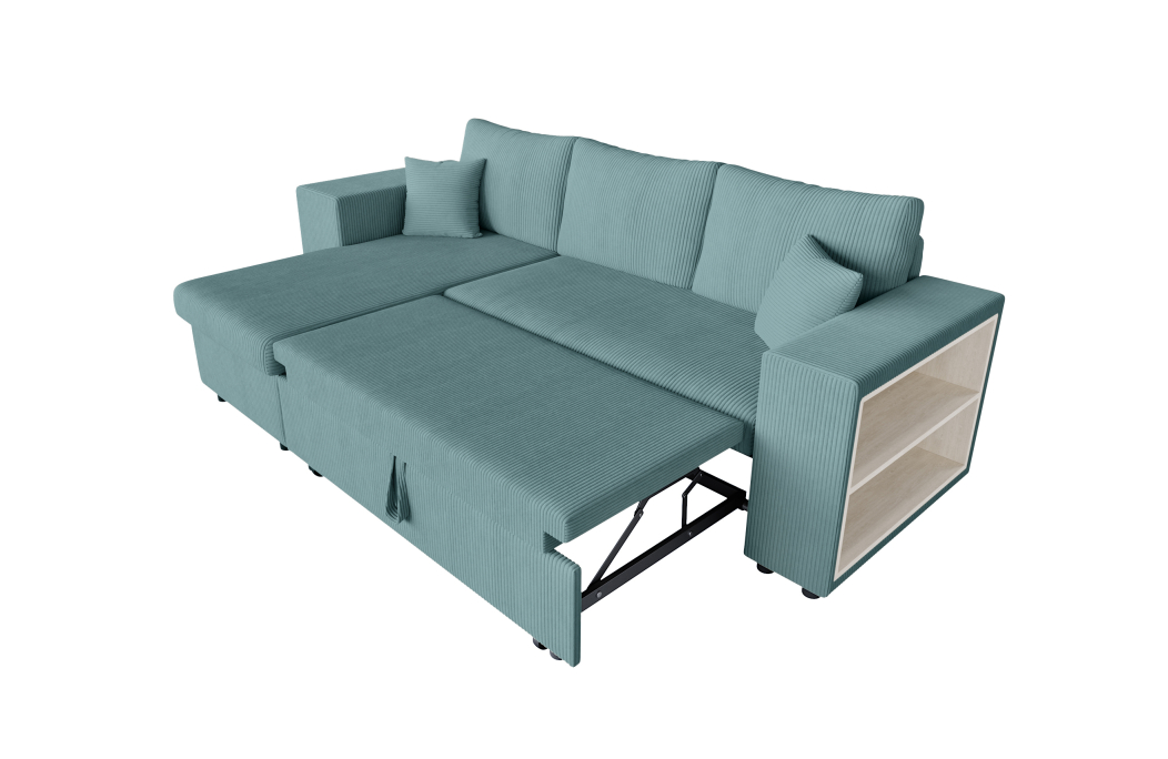 Canapé d'angle MADY convertible avec coffre, 2 poufs et étagère en velours côtelé