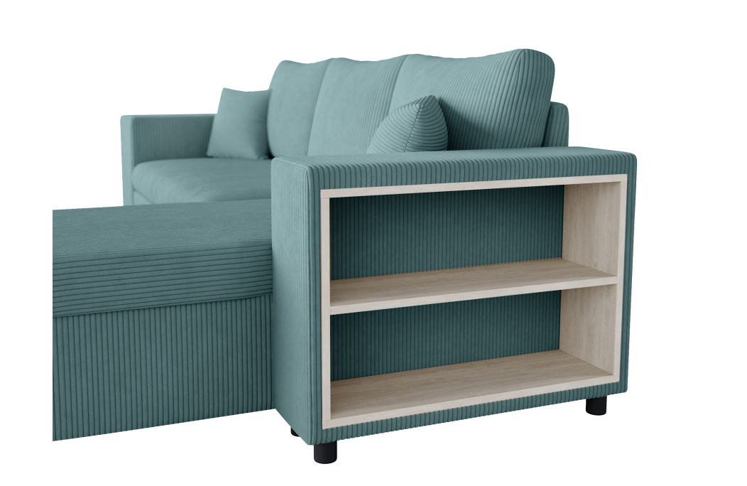 Canapé d'angle MADY convertible avec coffre, 2 poufs et étagère en velours côtelé
