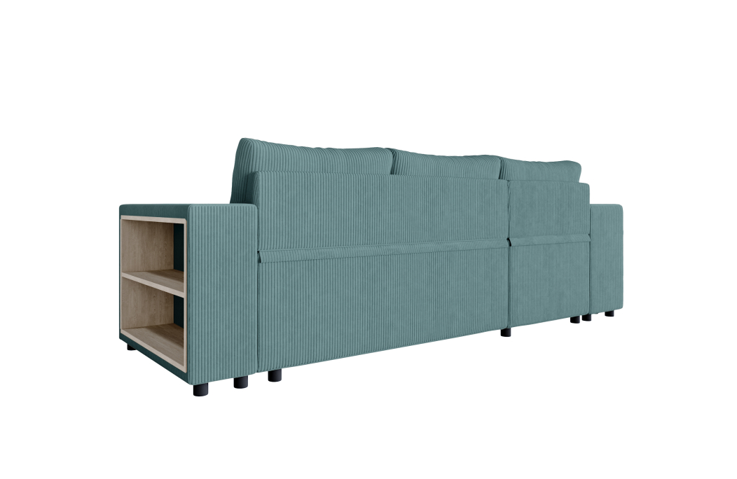 Canapé d'angle MADY convertible avec coffre, 2 poufs et étagère en velours côtelé