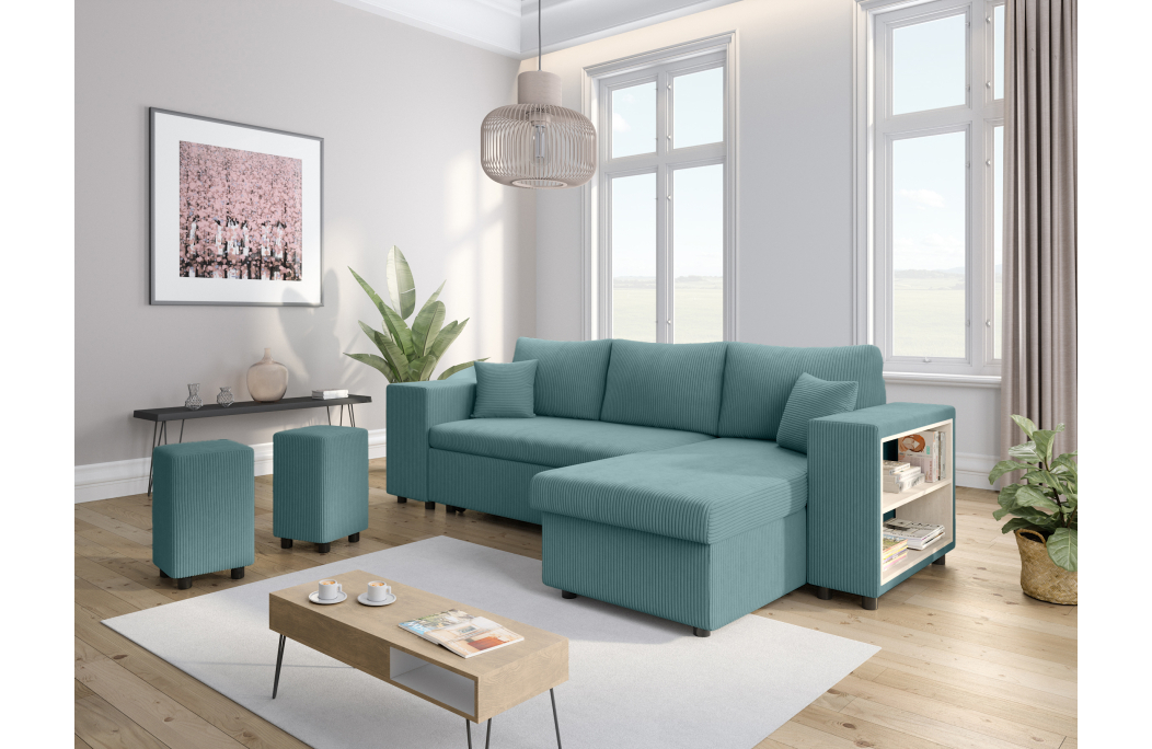 Canapé d'angle MADY convertible avec coffre, 2 poufs et étagère en velours côtelé