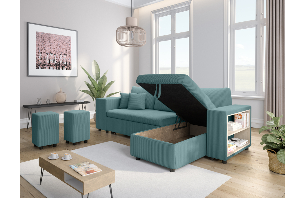 Canapé d'angle MADY convertible avec coffre, 2 poufs et étagère en velours côtelé