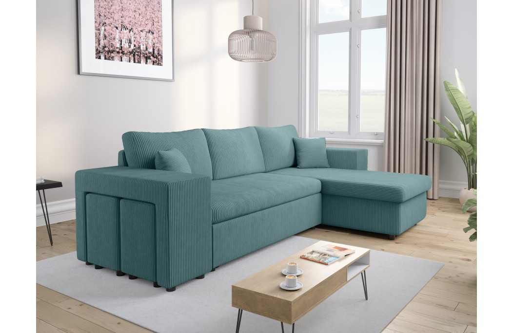 Canapé d'angle MADY convertible avec coffre, 2 poufs et étagère en velours côtelé