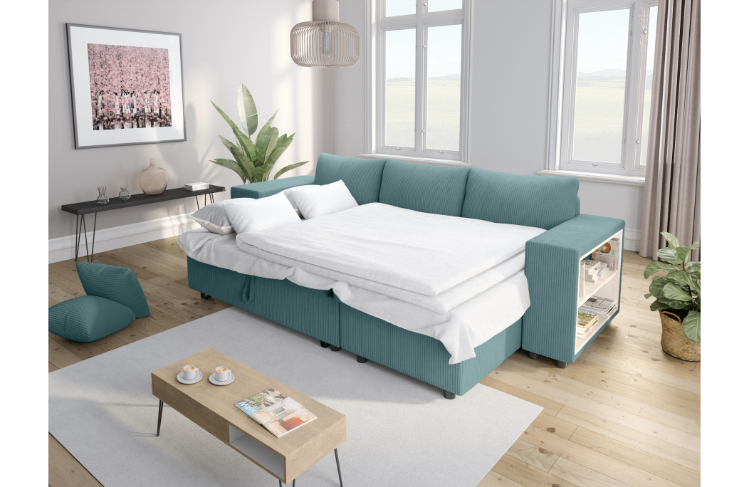 Canapé d'angle MADY convertible avec coffre, 2 poufs et étagère en velours côtelé