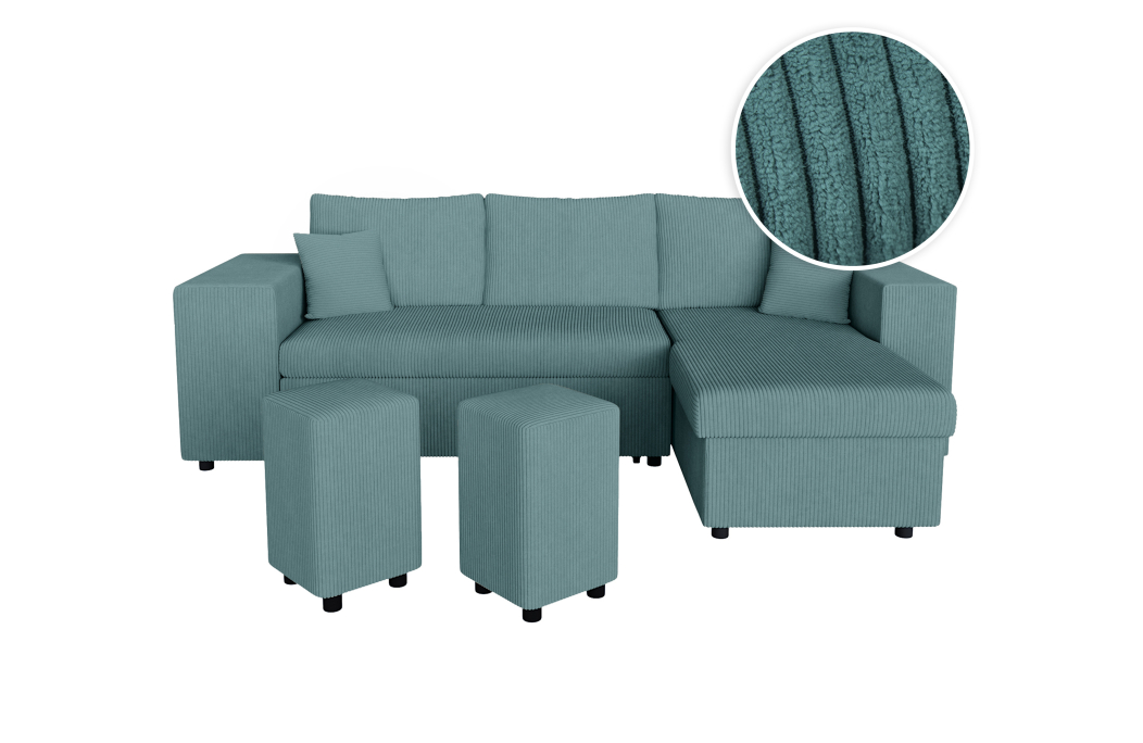 Canapé d'angle MADY convertible avec coffre, 2 poufs et étagère en velours côtelé