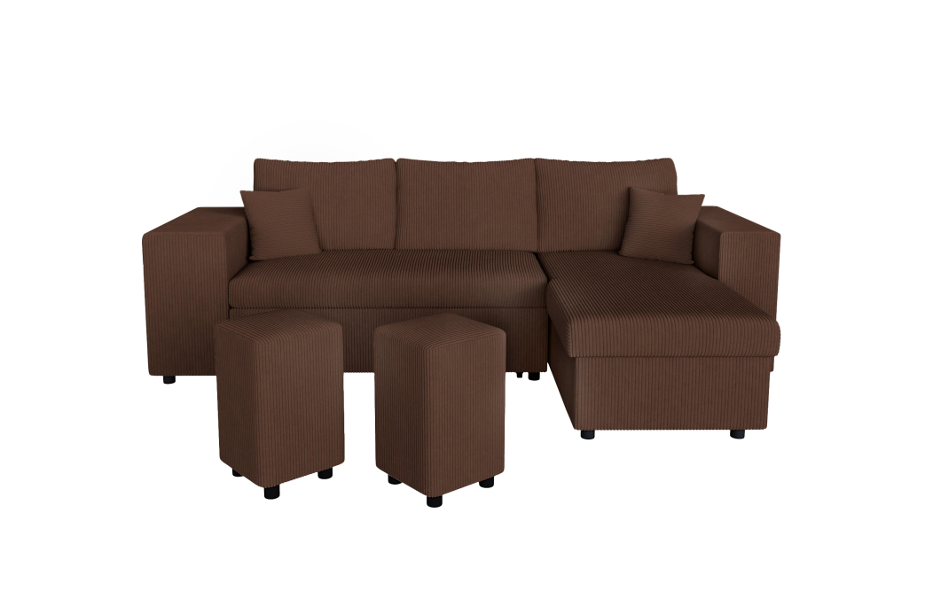 Canapé d'angle MADY convertible avec coffre, 2 poufs et étagère en velours côtelé