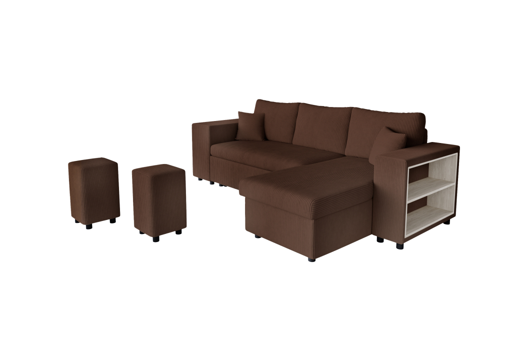 Canapé d'angle MADY convertible avec coffre, 2 poufs et étagère en velours côtelé