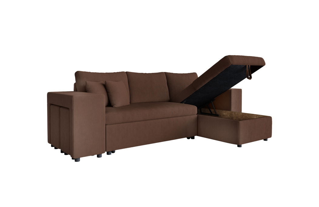 Canapé d'angle MADY convertible avec coffre, 2 poufs et étagère en velours côtelé