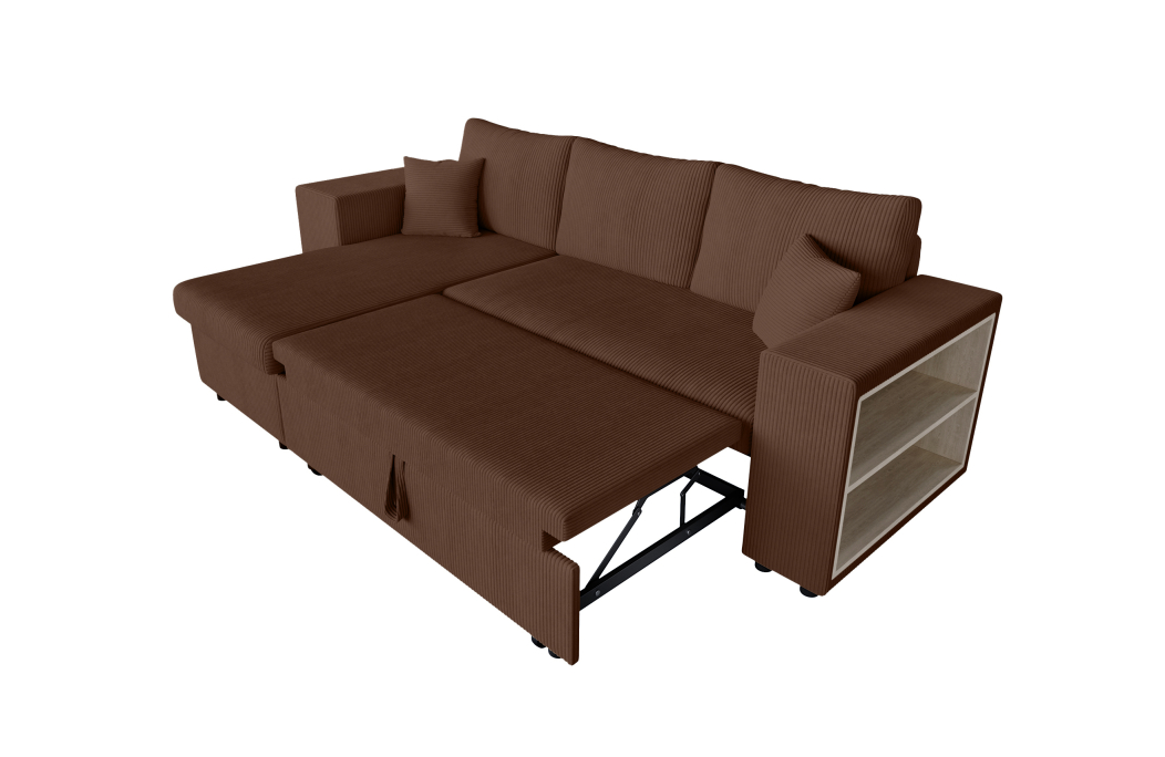 Canapé d'angle MADY convertible avec coffre, 2 poufs et étagère en velours côtelé