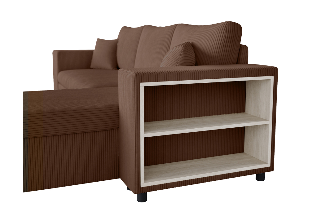 Canapé d'angle MADY convertible avec coffre, 2 poufs et étagère en velours côtelé