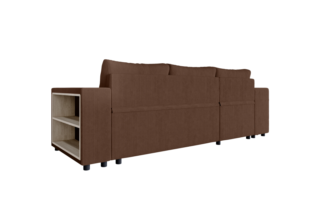 Canapé d'angle MADY convertible avec coffre, 2 poufs et étagère en velours côtelé